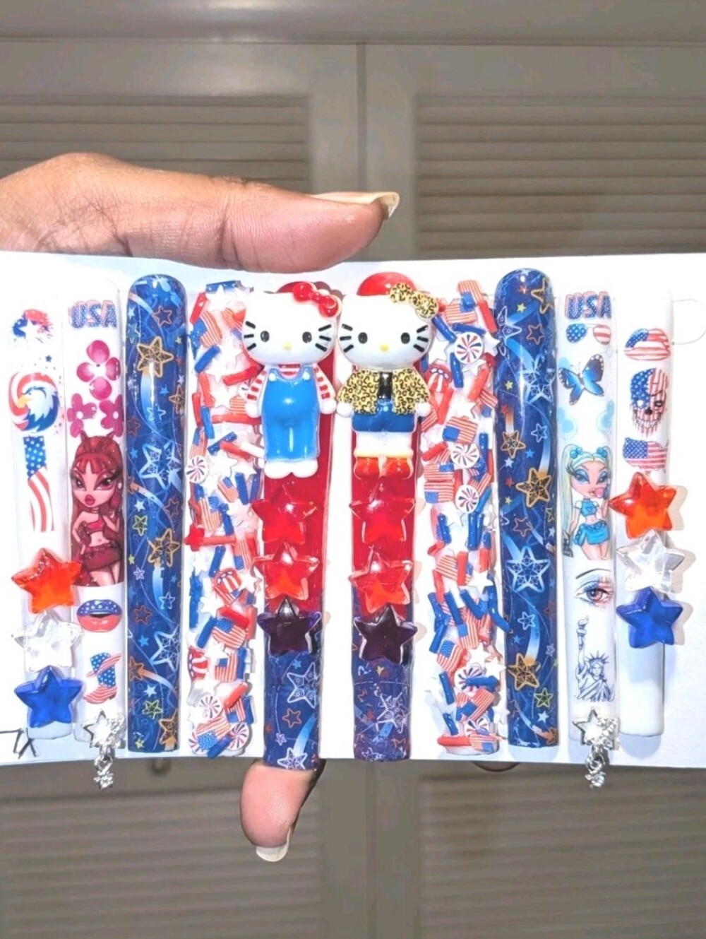 Hand Crafted Patriotic 6Xl Press-On Nails Set — Red,White & Blue Stars SZ XL